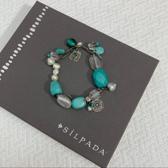 𝅺Silpada 2011 Conference 925 Silver Pearl Turquoise Girfriends Stretch bracelet - Picture 1 of 7